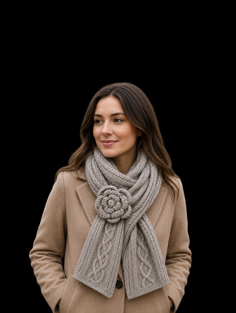 NWT Mud Pie Floral Applique Cable Knit Bag Lady Scarf Taupe
